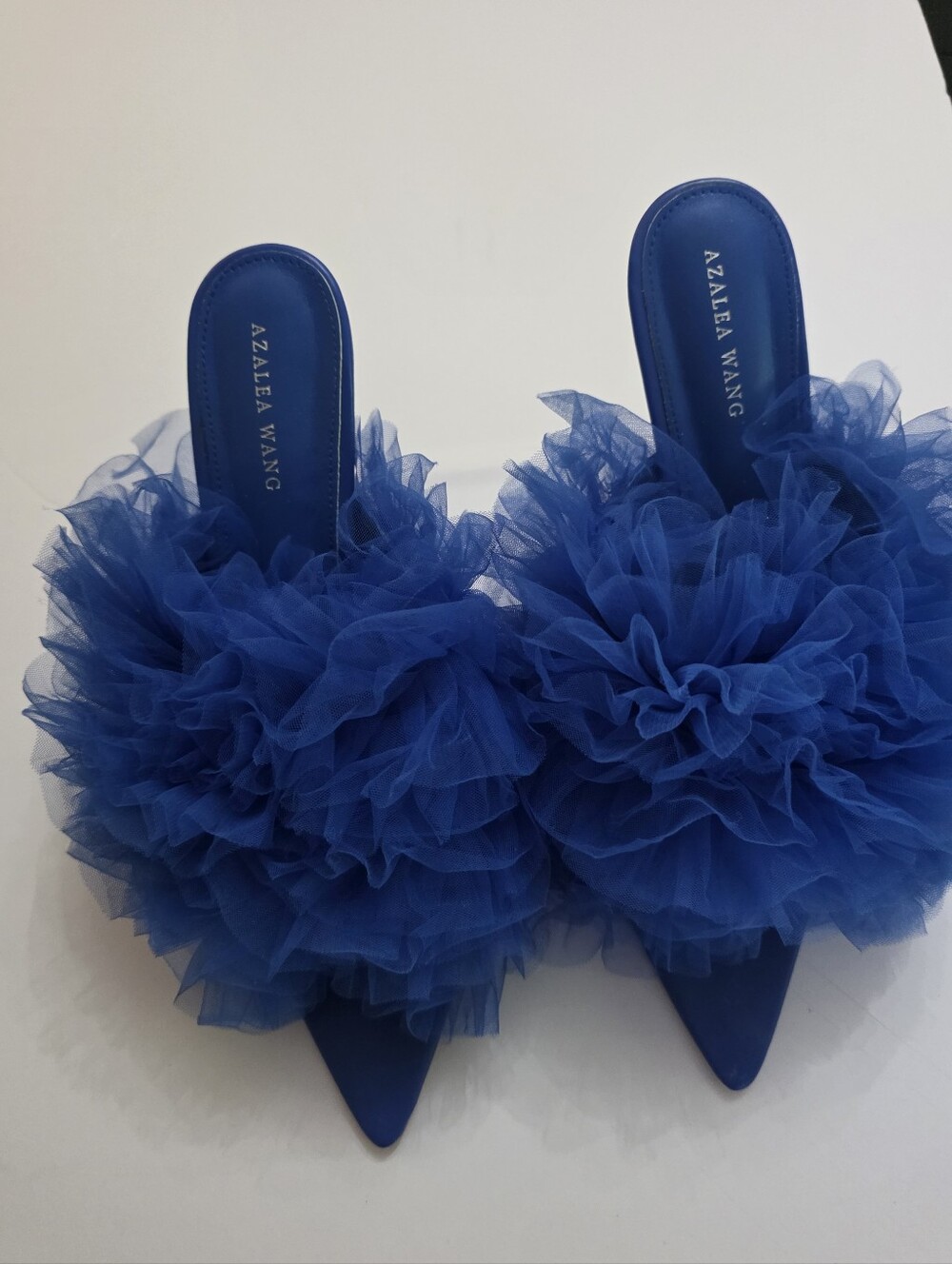 Azalea Wang Women's Cobalt Blue Tulle Ruffle Slide Mules